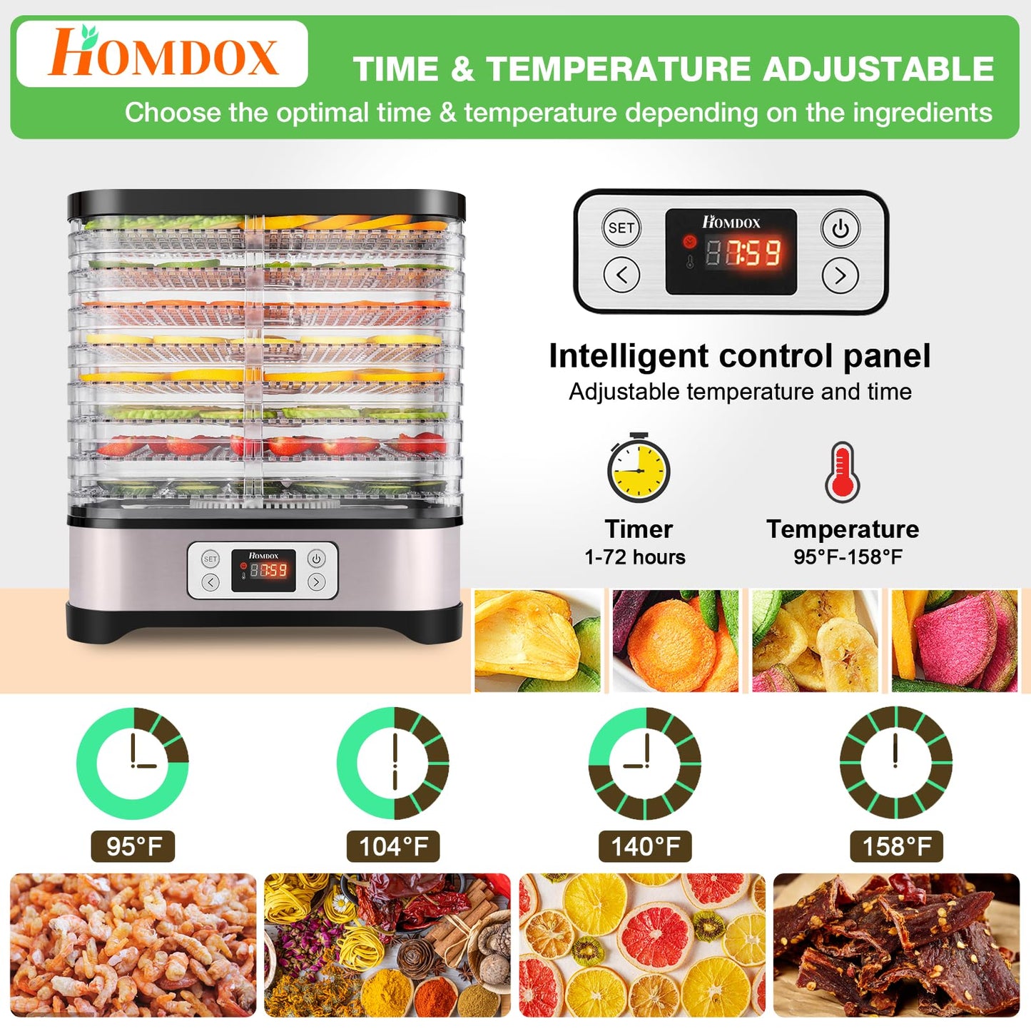 Homdox Food Dehydrator, 8 BPA-Free Trays Meat Dehydrator for Jerky with 72H Timer and Temperature Control, 400W Dehydrator for Food and Jerky, Fruit, Dog Treats, Herbs, Snacks, Fruit Roll Sheet