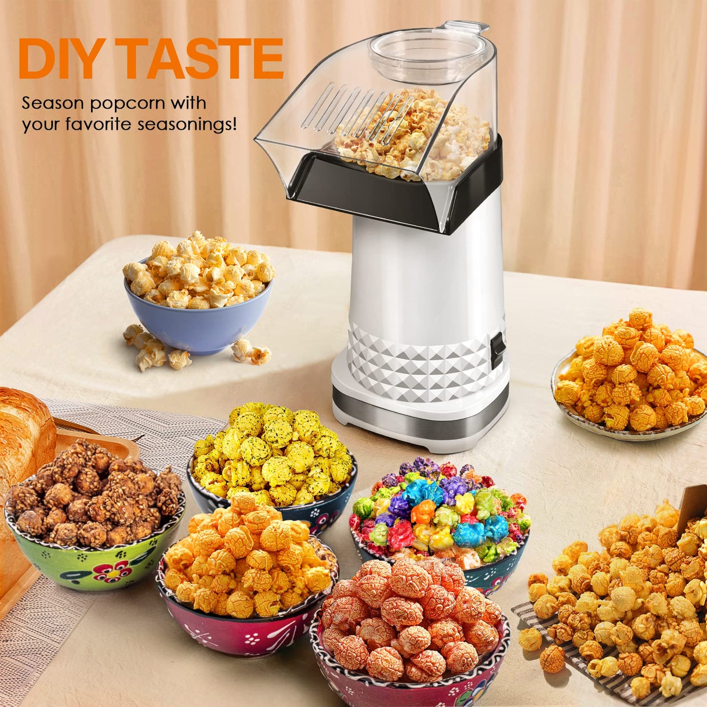 Fast Hot Air Popcorn Popper Maker, Electric Popcorn Machine with Measuring Cup, No Oil, Easy to Clean & Maintain, Popcorn Machines for Home Family Party | White