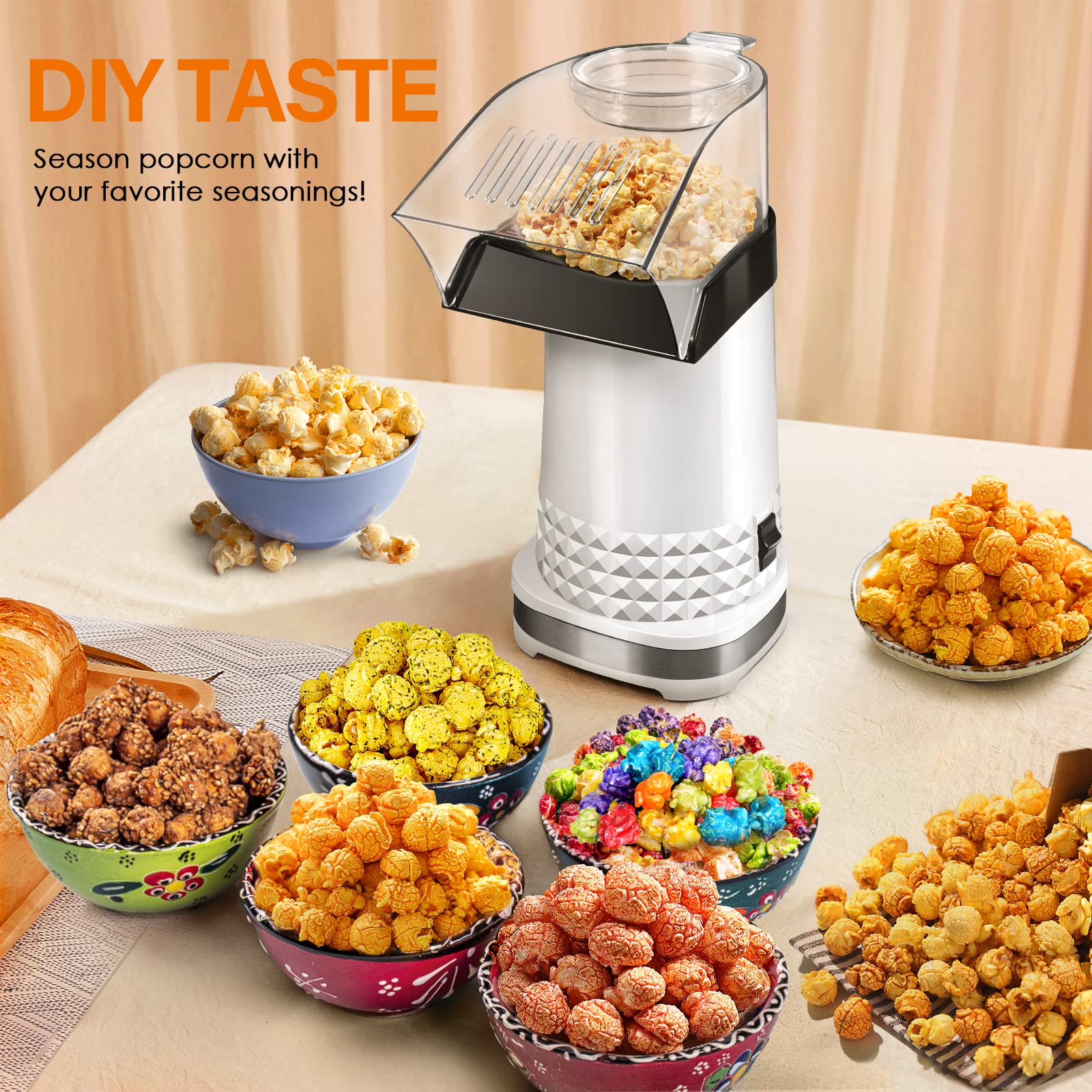 Fast Hot Air Popcorn Popper Maker, Electric Popcorn Machine with Measuring Cup, No Oil, Easy to Clean & Maintain, Popcorn Machines for Home Family Party | White