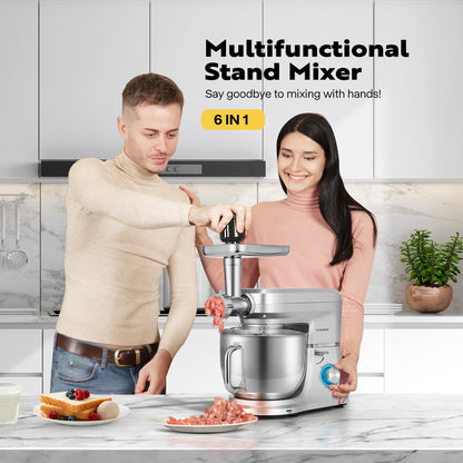 VIVOHOME 6 in 1 Multifunctional Stand Mixer with 8.5 Quart Stainless Steel Bowl, 660W 10 Speed Tilt-Head Meat Grinder, Juice Blender, Vegetable Slicer, Pasta and Cookie Maker, Silver