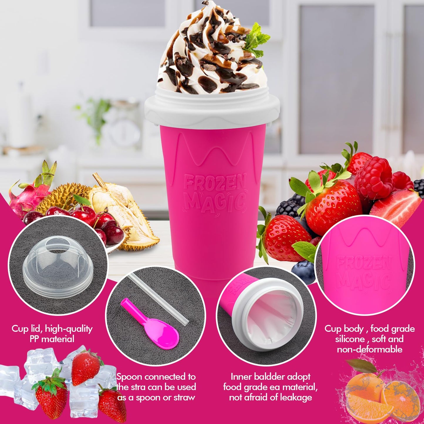 Slushie Maker Cup - DIY Magic Slushy Maker Squeeze Cup, Portable Smoothie Squeeze Cup for Juices, Milk and Ice Cream Make, Double Layer Squeeze Slushy Maker Cup, Birthday Gifts for Friends&Family Pink