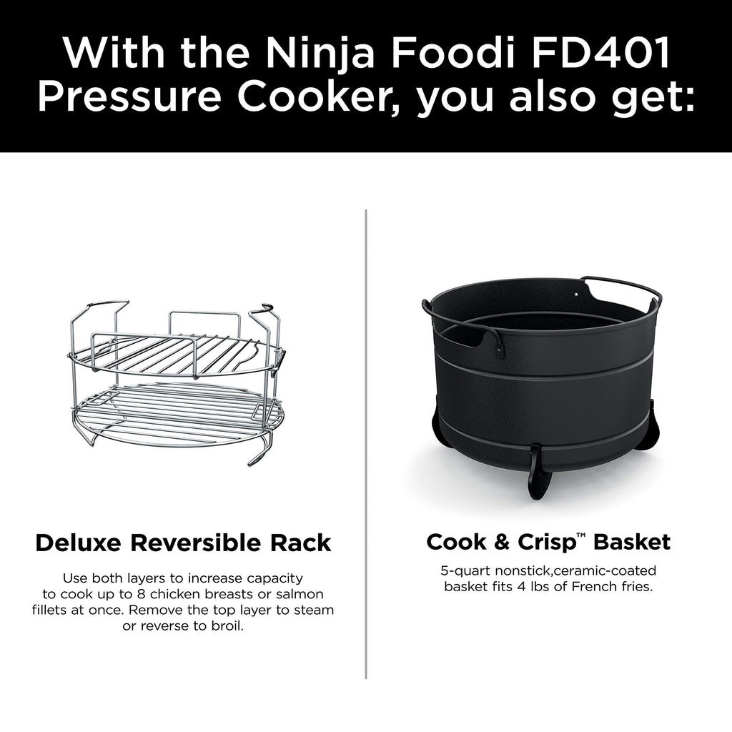 Ninja FD401 LP3 Foodi 12 w 1 Deluxe XL 8 qt. Szybkowar i frytkownica powietrzna, która gotuje na parze, wolno gotuje, przypieka, smaży, suszy i nie tylko, z 5 qt. Koszem na chrupiące produkty, odwracalną półką i książką kucharską, srebrny