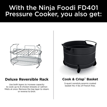 Ninja FD401 LP3 Foodi 12-in-1 Deluxe XL 8 qt. Pressure Cooker & Air Fryer that Steams, Slow Cooks, Sears, Sautés, Dehydrates & More, with 5 qt. Crisper Basket, Reversible Rack & Recipe Book, Silver