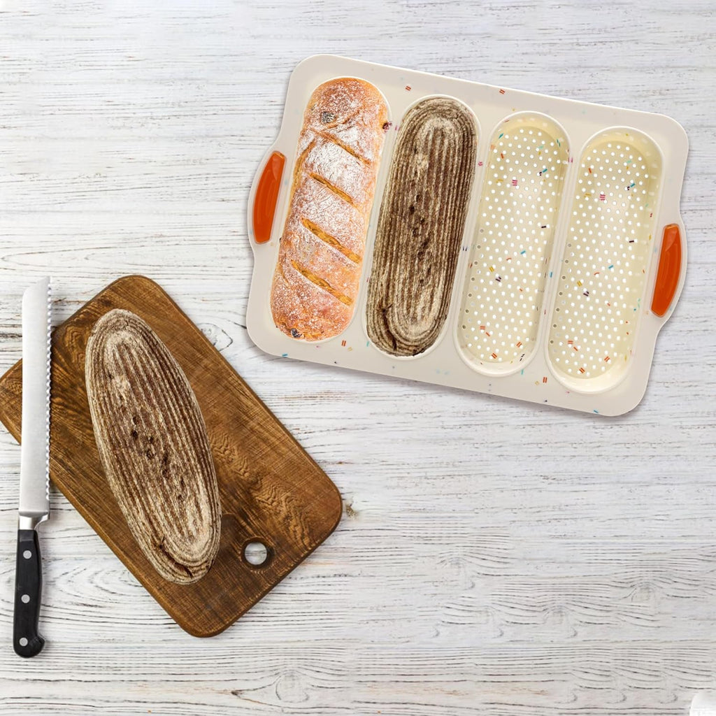 French Bread Hoagie Sub Roll Baking Pans 4-slot, Non Stick Silicone Mould Mold Tray for Sandwich Baguette Hot Dog Bun Loaf Food, Mini Tool Set for Restaurant Homemade Household Breakfast Dinner-Beige