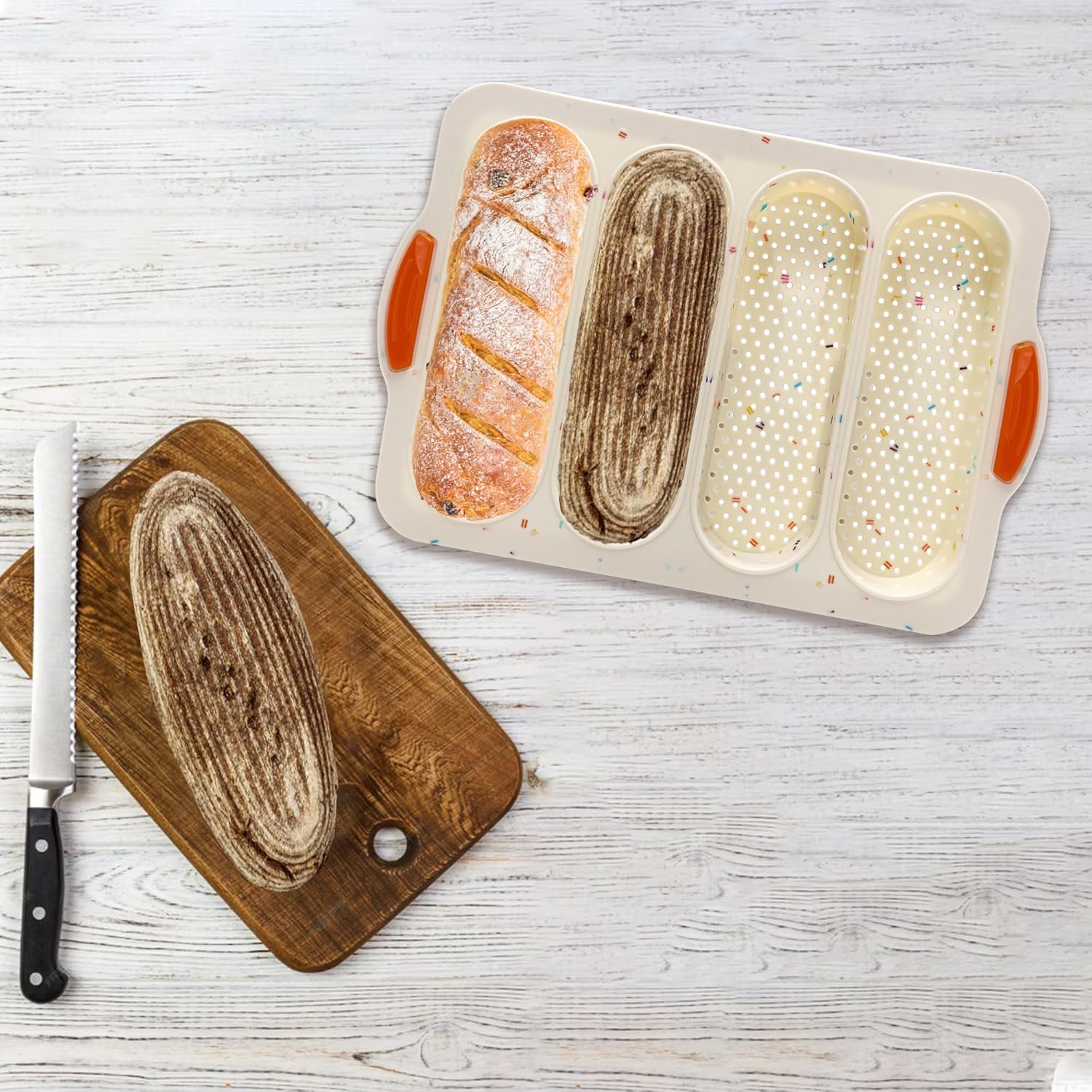 French Bread Hoagie Sub Roll Baking Pans 4-slot, Non Stick Silicone Mould Mold Tray for Sandwich Baguette Hot Dog Bun Loaf Food, Mini Tool Set for Restaurant Homemade Household Breakfast Dinner-Beige