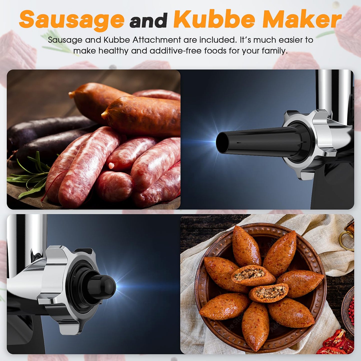 Electric Meat Grinder, Sausage Stuffer Maker With 2 Blades, 3 Plates, Sausage Tube & Kubbe Kit, [2000W Max] Meat Mincer Heavy Duty for Home Use, Stainless Steel & Black