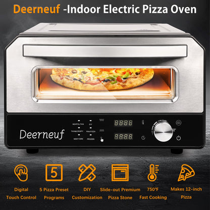 Electric Pizza Oven Indoor, Heats up to 800°F, 12” Pizzas in Minutes, Countertop Pizza Oven with 6 Touchscreen Presets, Pizza Stone and Pizza Peel Included,Stainless Steel Pizza Maker Machine for Home