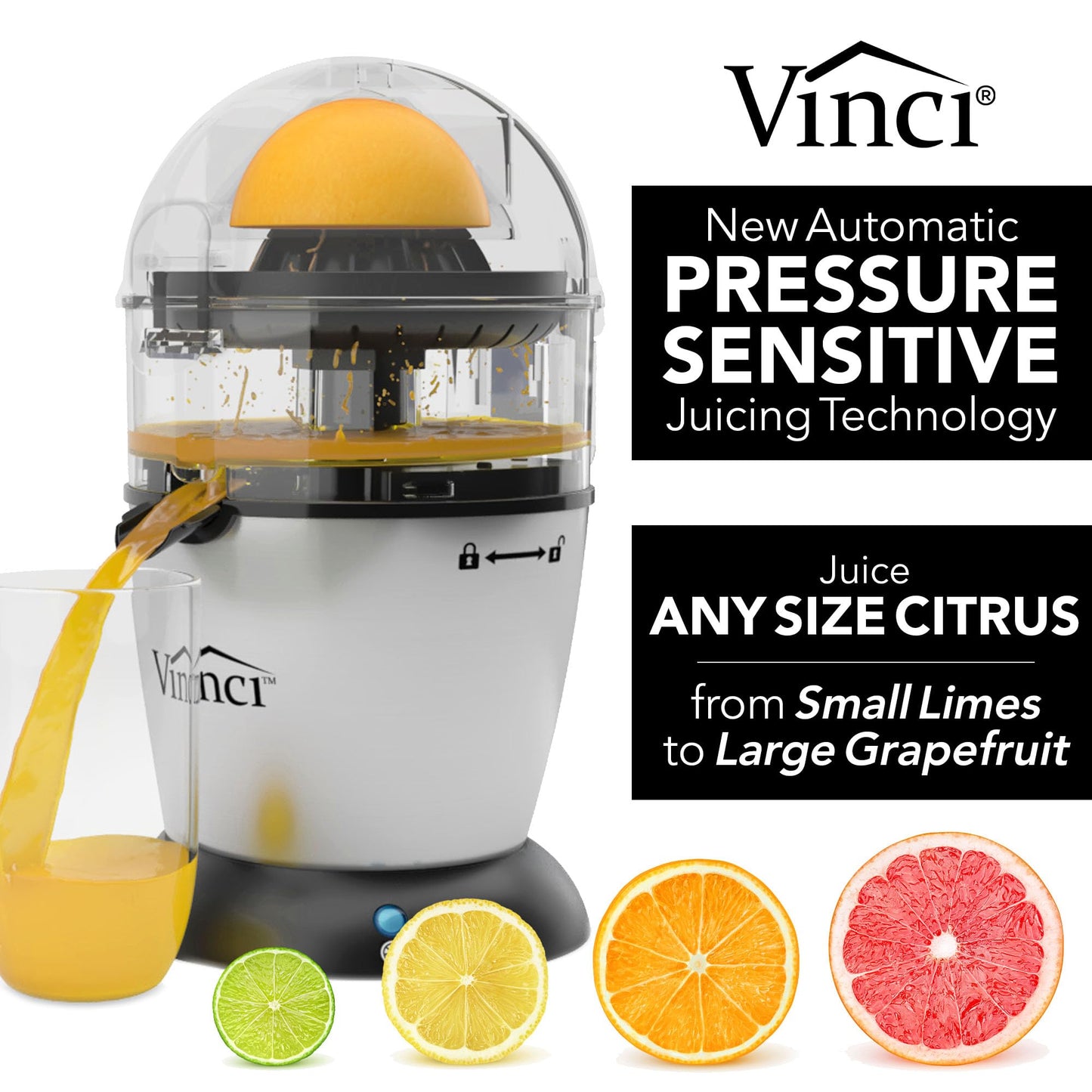 Vinci Hands Free Electric Citrus Juicer, 1-Button Juicer Machine, Orange Lime Grapefruit Lemon Squeezer, Easy to Clean Orange Juicer Squeezer, Black/Stainless Steel