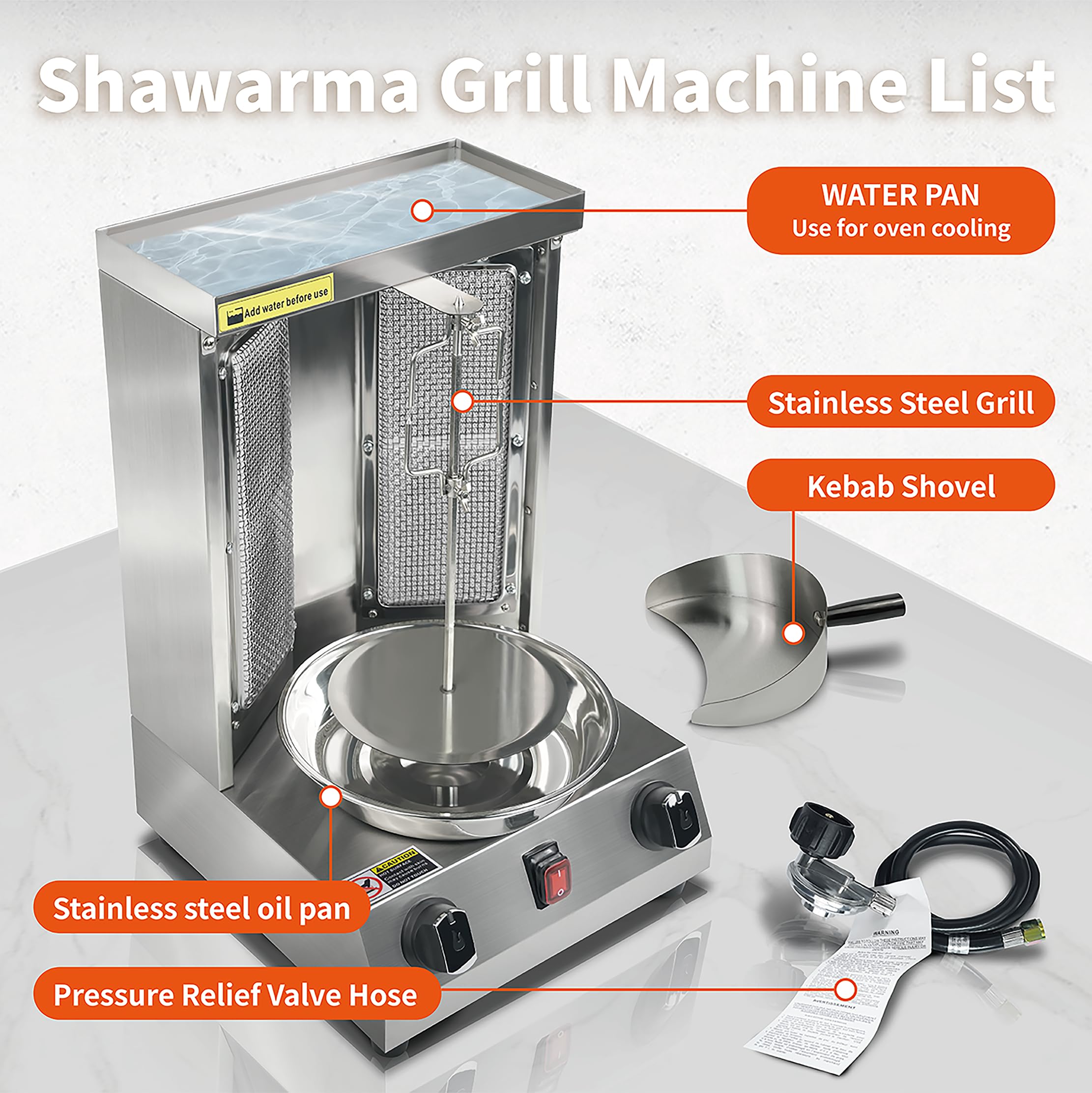 Uniwersalny grill Shwarma, maszyna do kebaba na gaz, kuchenka do shawarmy, propan, turecki gyros, rożen do mięsa z 2 palnikami i patelnią do łapania mięsa, srebrny