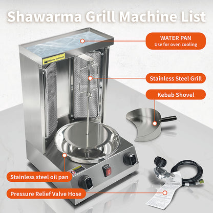 Generic Shwarma Grill Machine Gas Doner Kebab Machine Shawarma Cooker Propane Turkish Gyro Meat Rotisserie with 2 Burner and Meat Catch Pan, Silver