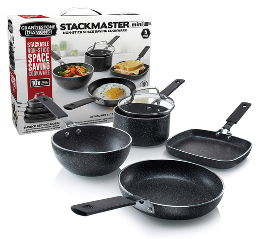 Granitestone Original Stackmaster 5 Piece Mini Cookware Set, Scratch-Resistant Nonstick Pots and Pans, Granite-coated Anodized Aluminum Dishwasher Safe PFOA-Free Stackable Cooking Set As Seen On TV