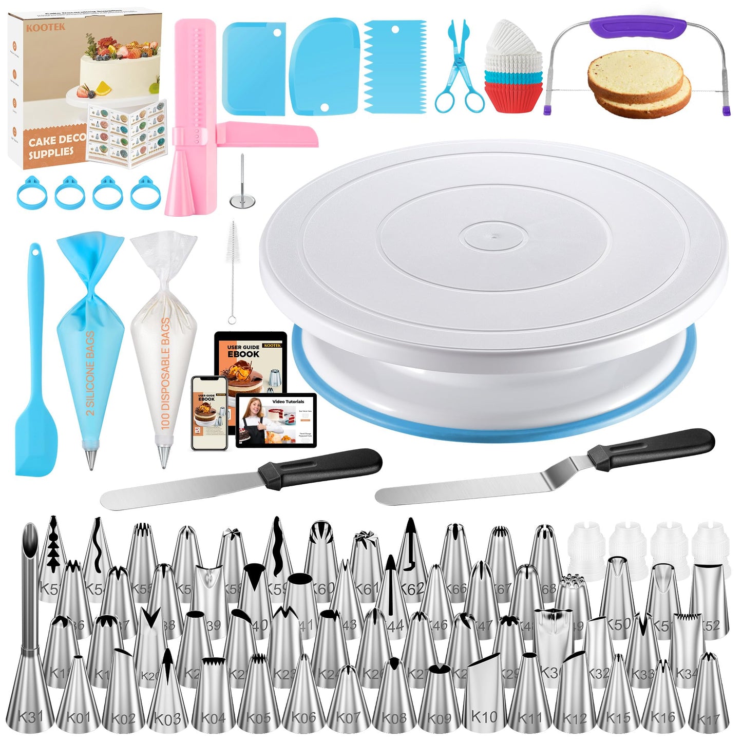 Kootek 230PCs Cake Decorating Kits, Baking Supplies Tools with Cake Stand Turntable, Piping Bags and Tips, Cake Leveler, Frosting Icing Spatulas & More Accessories for Cake Cupcake Decorations
