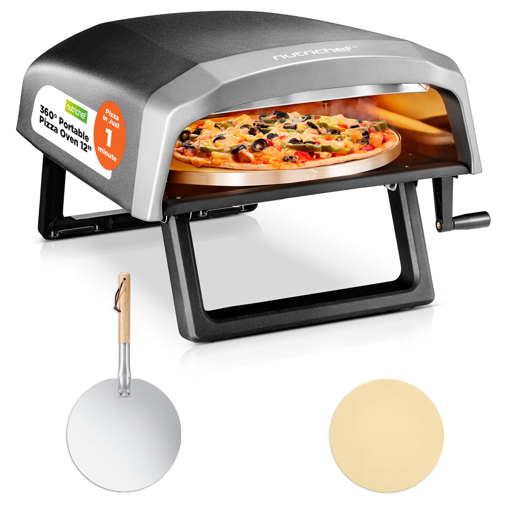 Piec do pizzy NutriChef Outdoor z obracającym się o 360° kamieniem do pizzy | Regulowane pokrętło do regulacji temperatury, w zestawie łopata do pizzy, kamień i regulator z wężem | Piecze pizzę o średnicy 12 cali w 60 sekund | 25,2 x 16,1 x 14 cali