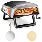 Piec do pizzy NutriChef Outdoor z obracającym się o 360° kamieniem do pizzy | Regulowane pokrętło do regulacji temperatury, w zestawie łopata do pizzy, kamień i regulator z wężem | Piecze pizzę o średnicy 12 cali w 60 sekund | 25,2 x 16,1 x 14 cali