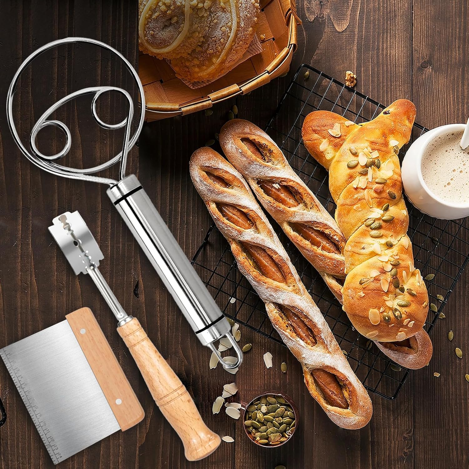 Hand Crafted Bread Lame Premium Sourdough Scoring Tool Bread Making Tools Set of 3 pieces Bread Knife(5 Blades) with Danish Dough Whisk and Dough Scraper Bread Cutter