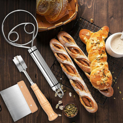 Hand Crafted Bread Lame Premium Sourdough Scoring Tool Bread Making Tools Set of 3 pieces Bread Knife(5 Blades) with Danish Dough Whisk and Dough Scraper Bread Cutter