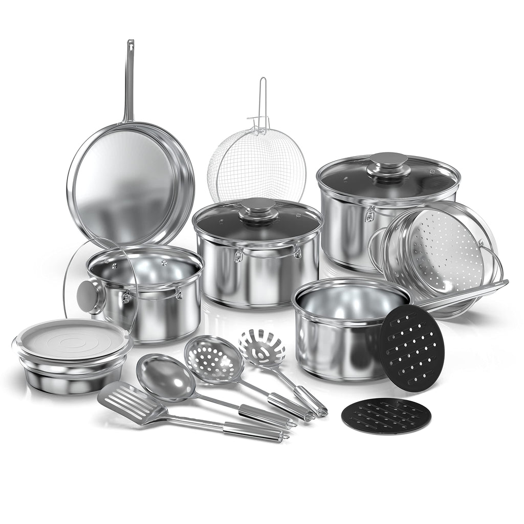 18-предметний набір кухонного посуду з нержавіючої сталі, включаючи каструлю, запіканки з кришкою із загартованого скла, сковороду, пароварку, салатницю з кришкою, кошик для фритюрниці, термостійкий килимок та набір посуду, сріблястий