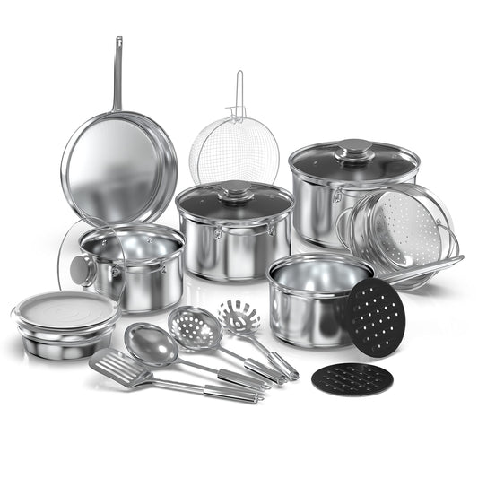 18-Piece Stainless Steel Kitchen Cookware Set, Including Saucepan, Casseroles with Tempered Glass Lid, Frypan, Steamer, Salad Bowl with Cover, Fryer Basket, Heat Resistant Mat & Utensils Set, Silver