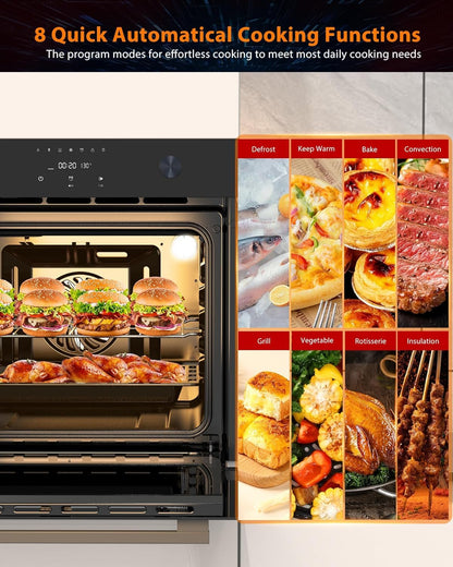 Single Wall Oven 24" Built-In Electric Ovens With 8 Cooking Modes, 108 Smart Recipes, 3000W, 240V, 2.5Cu.f Convection Fan Wall Oven In With Steam, Grill - Air Frying Mode, Tft Display, Stainless Steel