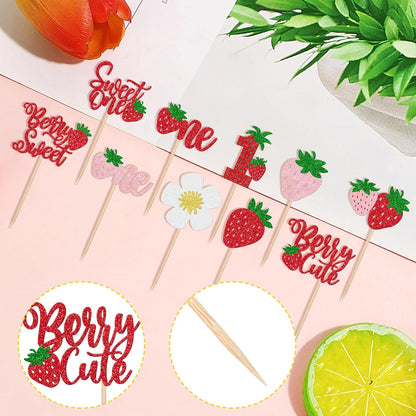 30 PCS Sweet One Strawberry Cupcake Toppers Glitter Sweet Berry 1st Birthday Cupcake Picks Strawberry Birthday Decorations for Baby Shower Kids First Birthday Party Cake Decorations Supplies