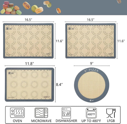 Silicone Baking Mat Set of 4, GUANCI Grade Food Baking mats Non-Stick Reusable Pizza Bakeware Mat for Making Macaroon, Pizza, Cookie, Pastry, Bread, Bun(Grey)