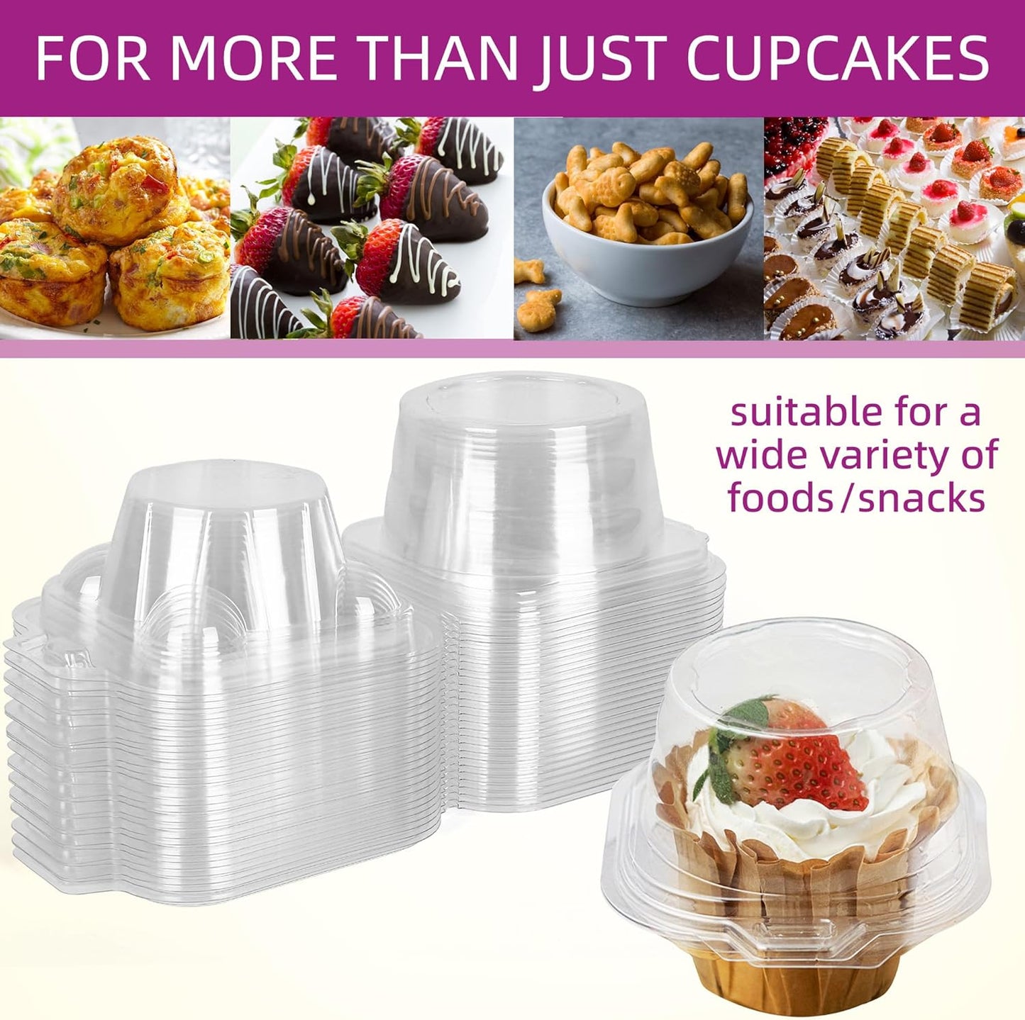 LotFancy Individual Cupcake Containers, 100 Pcs Plastic Clear Cupcake Boxes, Disposable Single Cupcake Holders with Dome Lid, Stackable Muffin Carrier for Wedding Baby Shower