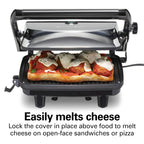 Hamilton Beach Panini Press Sandwich Maker & Electric Indoor Grill with Locking Lid, Opens 180 Degrees for any Thickness for Quesadillas, Burgers & More, Nonstick 8" x 10" Grids, Chrome (25460AG)