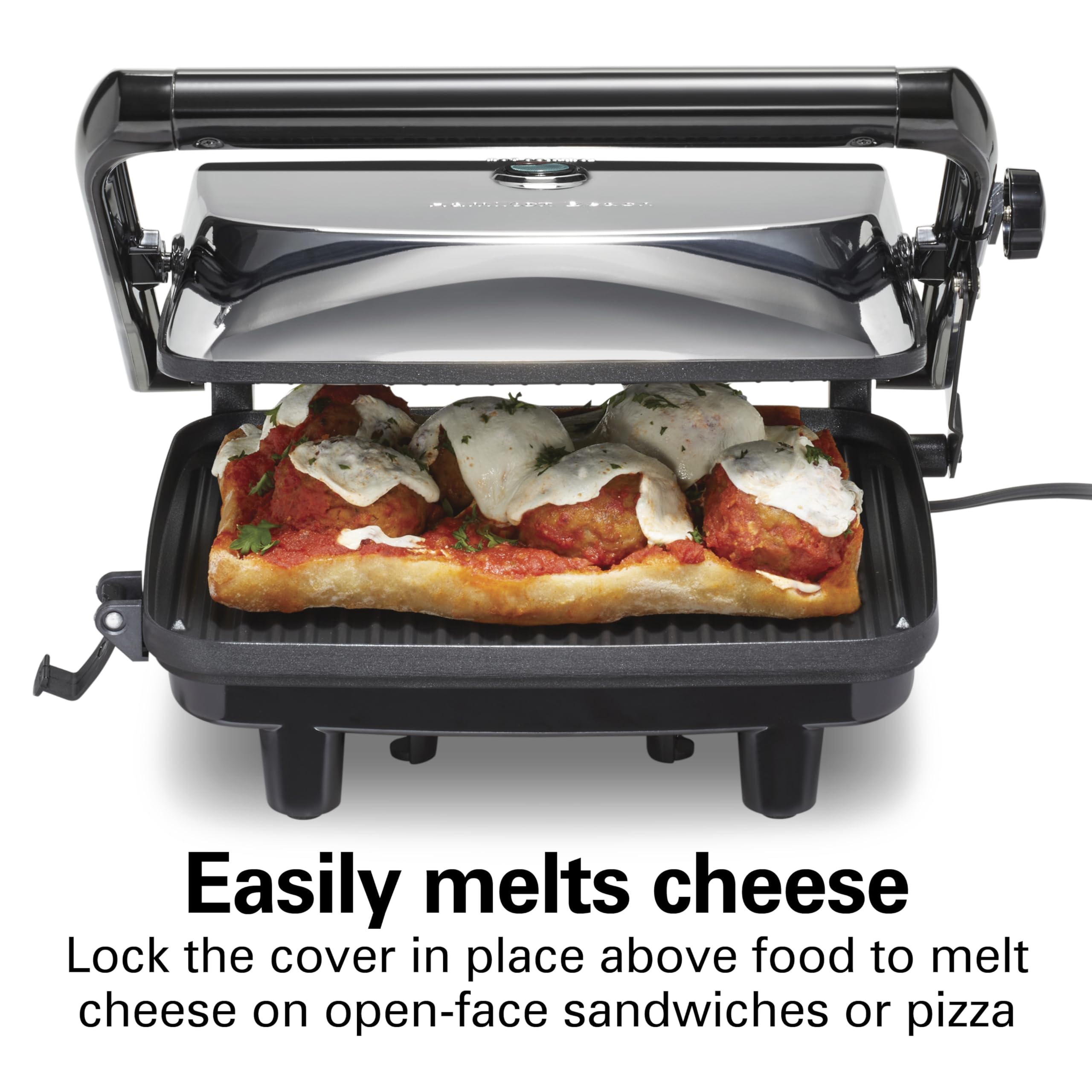 Hamilton Beach Panini Press Sandwich Maker & Electric Indoor Grill with Locking Lid, Opens 180 Degrees for any Thickness for Quesadillas, Burgers & More, Nonstick 8" x 10" Grids, Chrome (25460AG)
