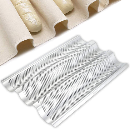 Stainless Steel French Baguette Bread Pan, Perforated Loaf Pans for Baking 15"x10", 3 Waves Toaster Oven Baking Tray (1 Pack)