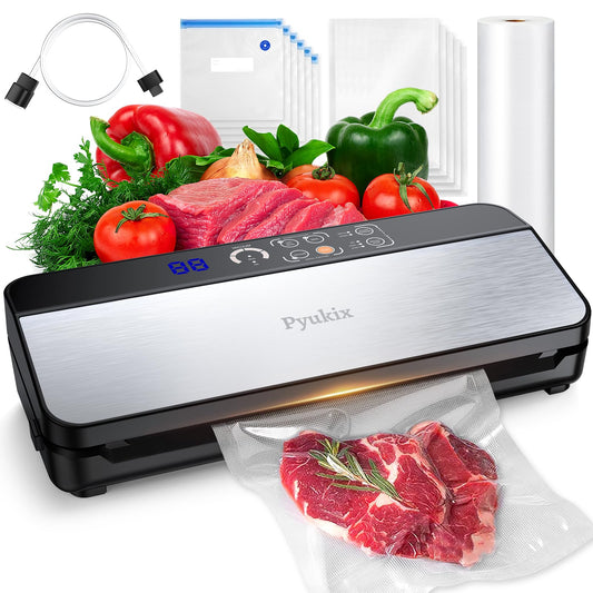 Pyukix Vacuum Sealer Machine, Food Sealer Machine 80KPA Automatic 8-IN-1 for Food Saving Dry/Moist Mode with Build-in Cutter&Storage, Air Suction Hose, Digital Countdown, Bag Roll, 11 Vacuum Bags