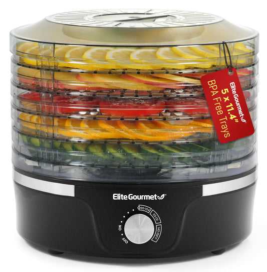 Elite Gourmet EFD319 Food Dehydrator, 5 BPA-Free 11.4" Trays Adjustable Temperature Controls, Jerky, Herbs, Fruit, Veggies, Dried Snacks, Black