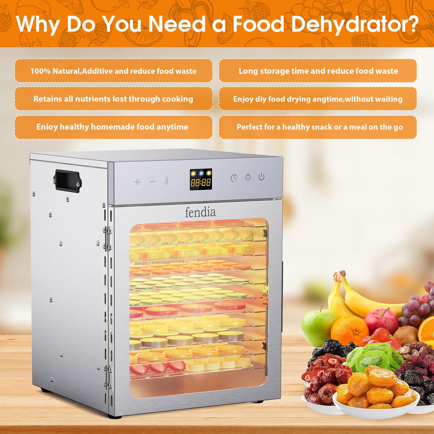 Food Dehydrator for Jerky, 12 Stainless Steel Trays, 1200W Fruit Dehydrator, 24H Timer and 190°F Temperature Control, Overheat Protection, Food Dryer for Jerky, Herbs, Fruit, Dog Treats