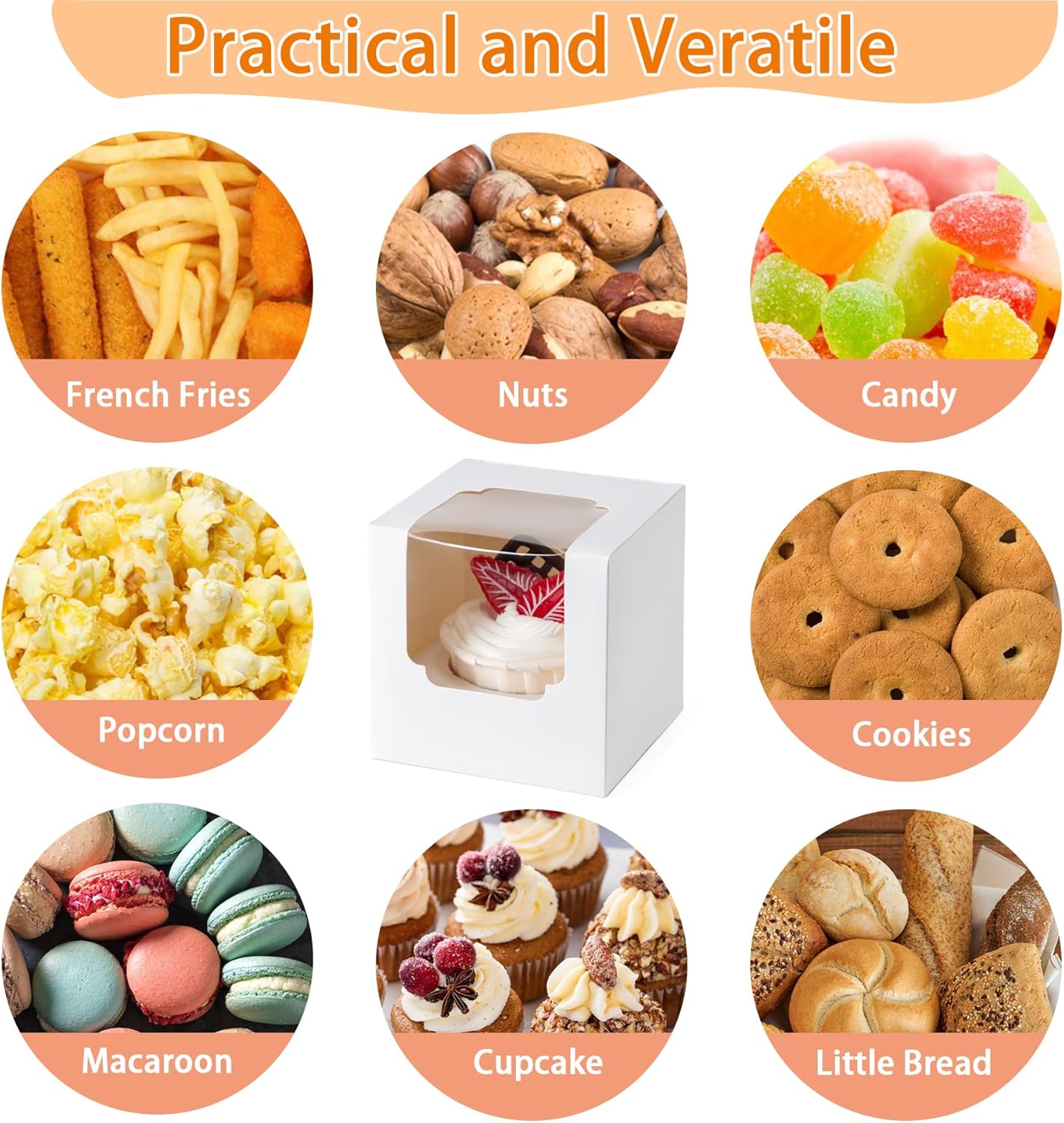 BOOMIBOO 50 Pack Individual Cupcake Containers, Cupcake Boxes with Window, Food Grade Cupcake Holders with Inserts, Stackable Deep Cupcake Carrier (White)