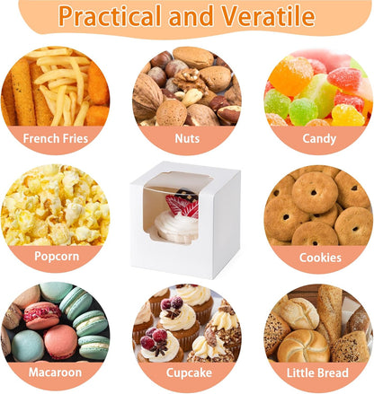 BOOMIBOO 50 Pack Individual Cupcake Containers, Cupcake Boxes with Window, Food Grade Cupcake Holders with Inserts, Stackable Deep Cupcake Carrier (White)