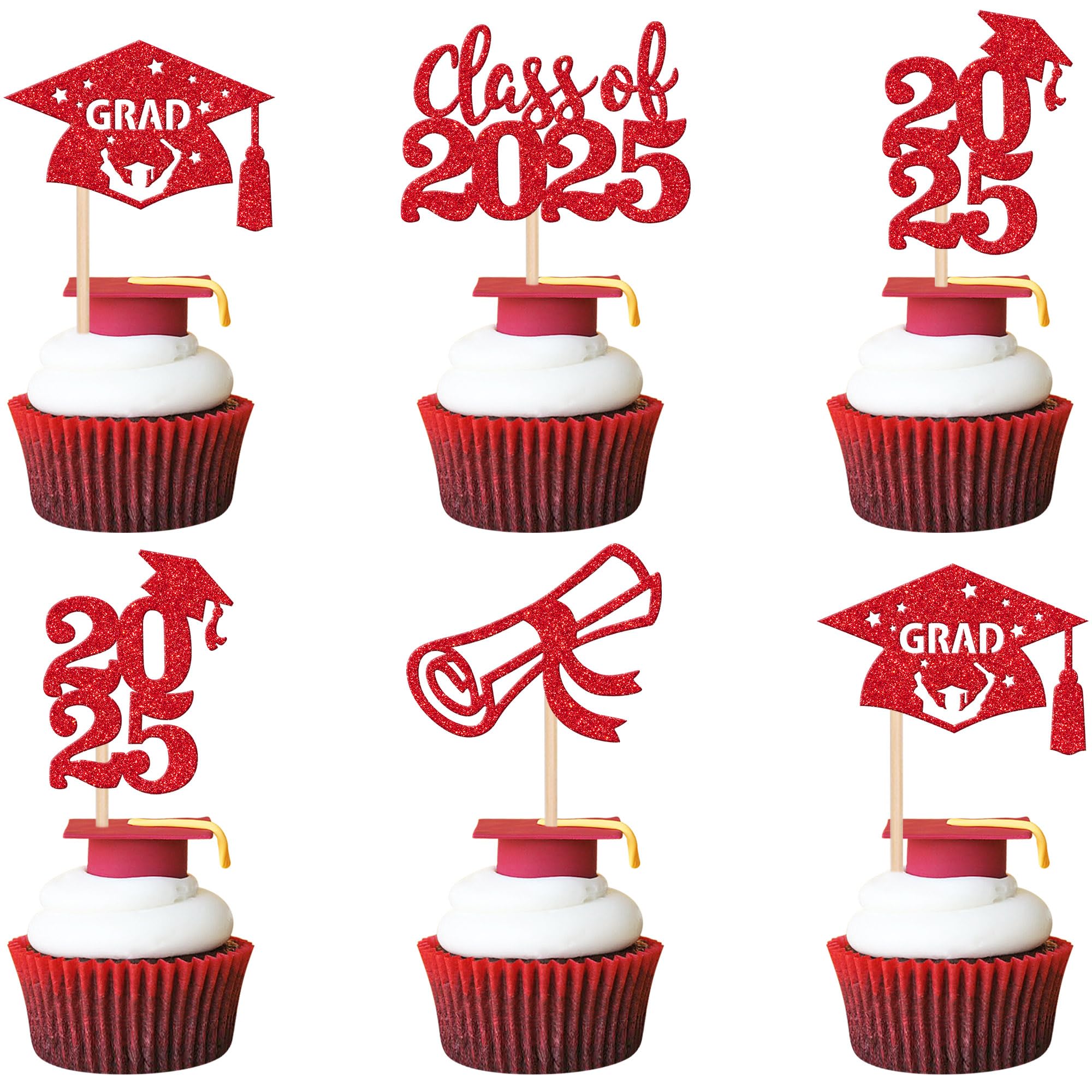 24 PCS 2025 Graduation Cupcake Toppers Glitter Diploma Congrats Grad Cap Cupcake Picks Class of 2025 Cake Decorations for 2025 Graduation Theme Party Supplies Pink