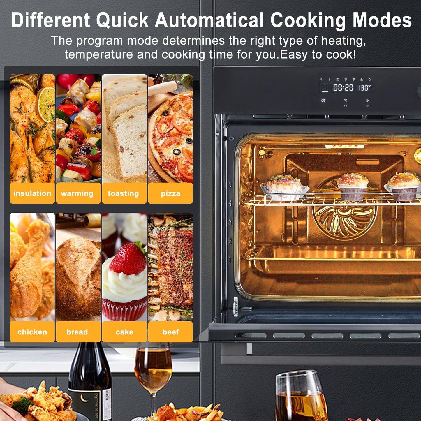 24" Electric Single Wall Oven,Pizza Oven Indoor,Built-in Electric Ovens 2.5 Cu.ft.240V,3000W,Stainless Steel Finish,for Kitchen,Sensor Touch Control