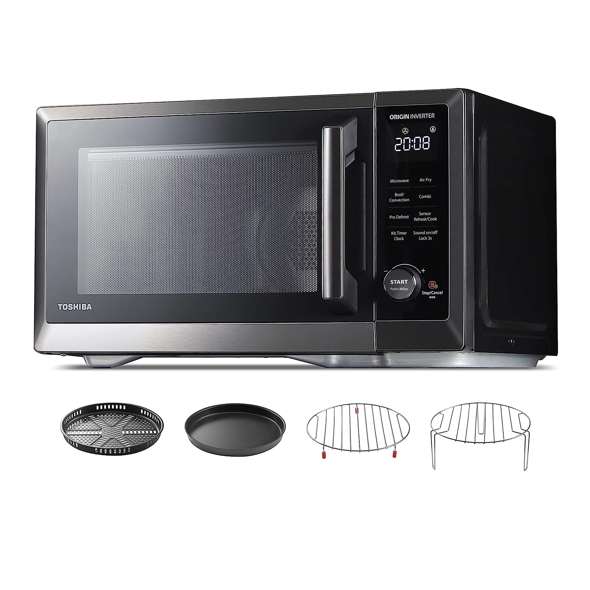 Kuchenka mikrofalowa TOSHIBA Countertop, frytkownica powietrzna Combo, inwerter, konwekcja, grill, Speedy Combi, równomierne rozmrażanie, czujnik wilgotności, funkcja wyciszenia, 27 automatycznych menu i 47 przepisów, 1,0 cu.ft/30QT, 1000 W