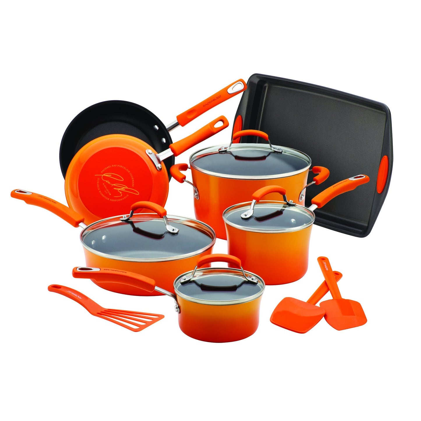 Rachael Ray Brights Nonstick Cookware Pots and Pans Set, 14 Piece, Orange Gradient