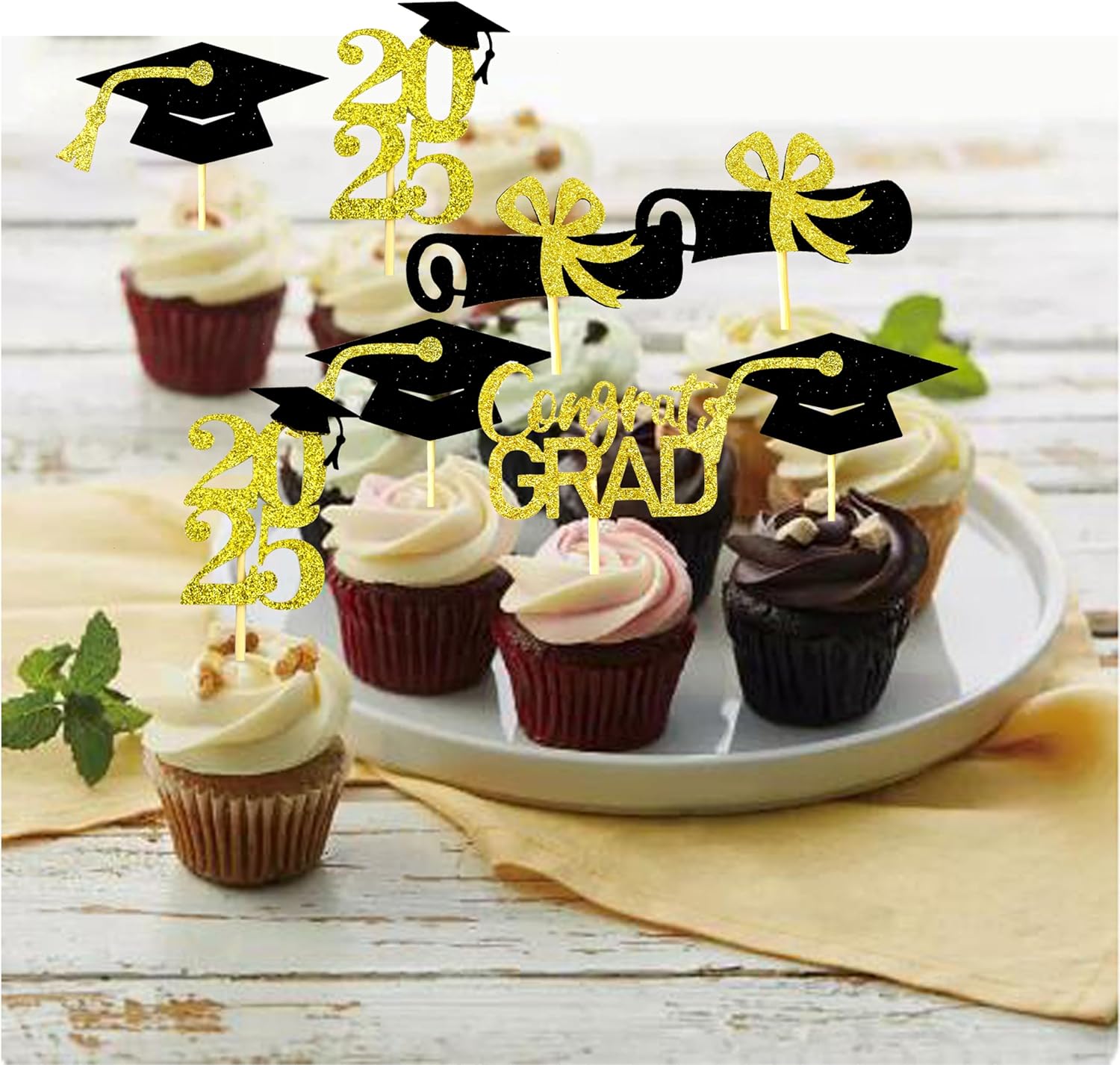 Graduation Cupcake Toppers Decorations Party Supplies, 24 PCS Food/Appetizer Picks For Class of 2025 Mini Cake Decorations, Diploma, Grad Cap Set 24 Pieces (Gold)