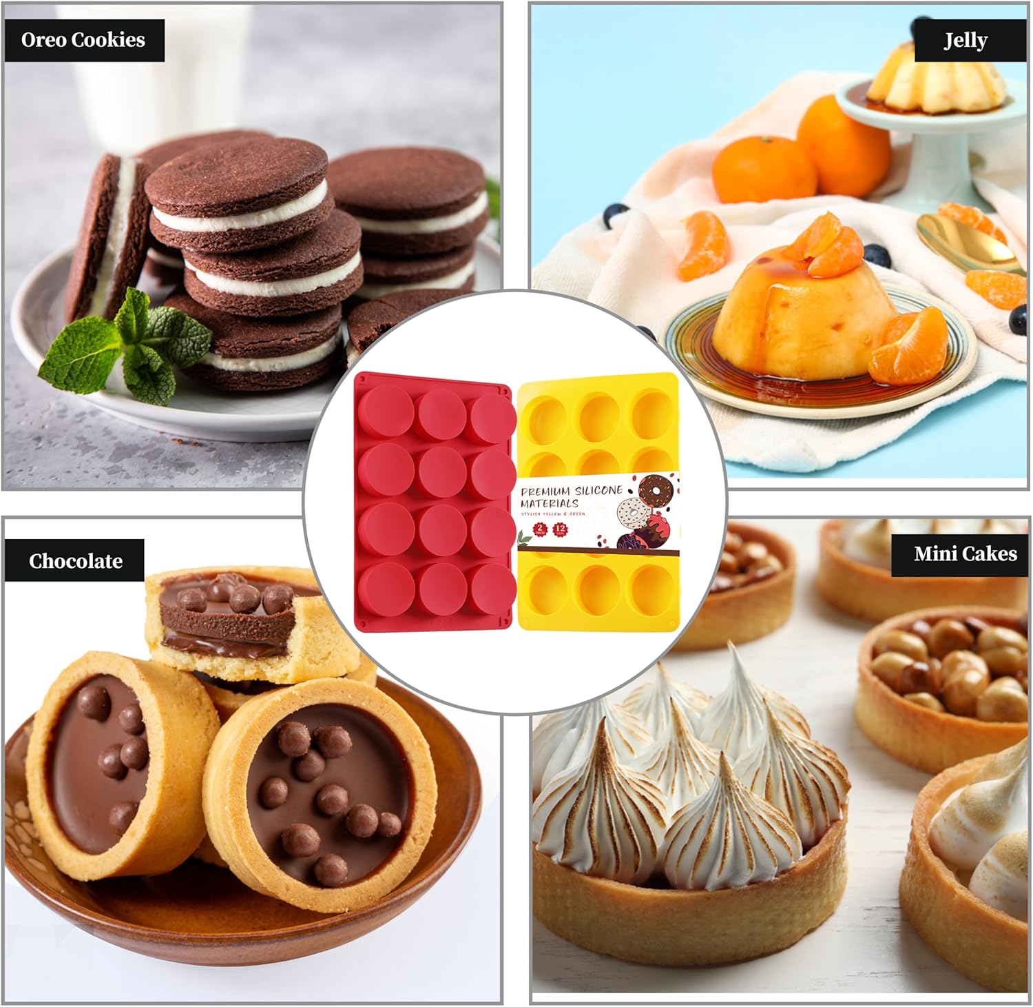 2PCS Silicone Cookie Chocolate Molds, Vituer 12-Cavity Round Silicone Baking Mold for Oreo, Candy, Chocolate, Cookie, Mini Cake and Jelly, Dishwasher Safe (Red+ Orange)