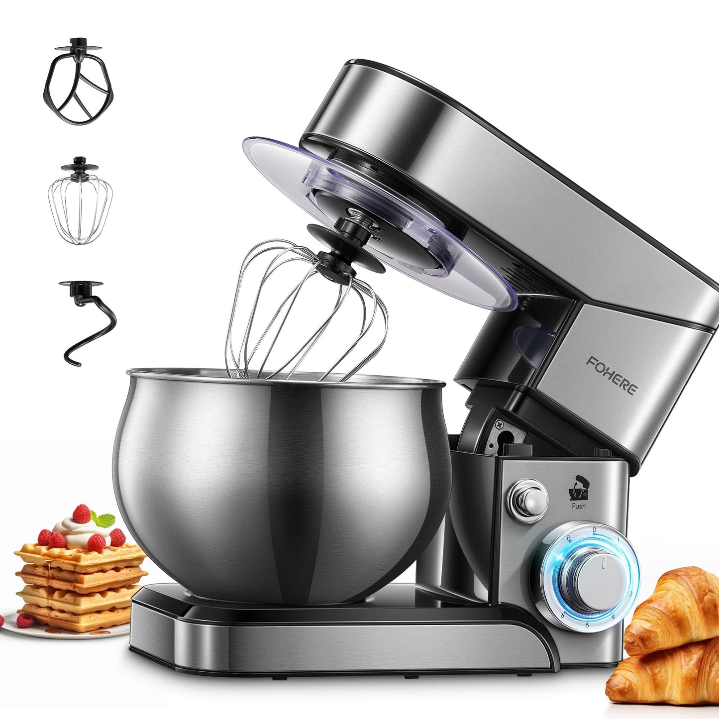 Stand Mixer FOHERE, 5.8 QT Stainless Steel Mixer with Dough Hook, Mixing Beater, Wire Whip, Dishwasher-safe, 6+P Speeds Tilt-Head Kitchen Dough Mixers for Cake, Electric Home Cooking Kitchen Mixer