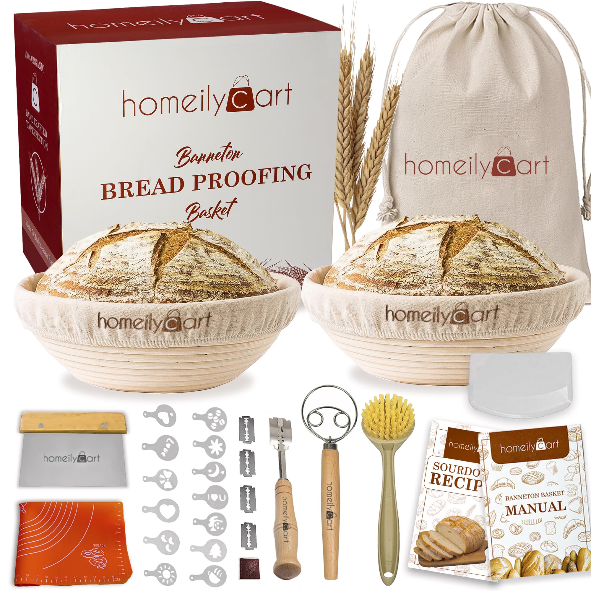 Banneton Bread Proofing Basket Set of 2-9" Round & 10" Oval - Rattan Sourdough Proofing Baskets and Sourdough Bread Baking Supplies for home bakers.
