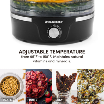 Elite Gourmet EFD319 Food Dehydrator, 5 BPA-Free 11.4" Trays Adjustable Temperature Controls, Jerky, Herbs, Fruit, Veggies, Dried Snacks, Black