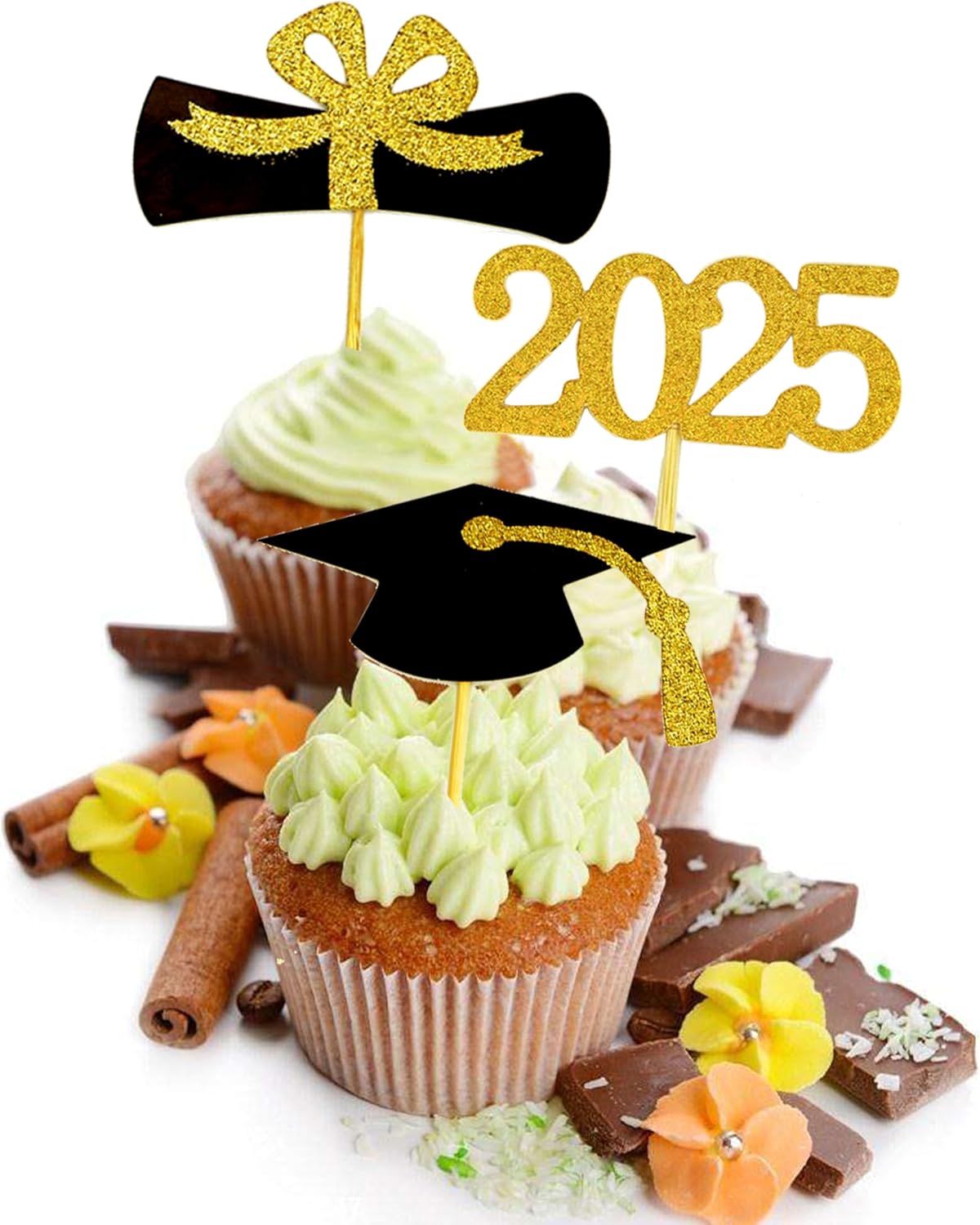 2025 Graduation Cupcake Toppers, 48 PCS Food/Appetizer Picks For Graduation Party Mini Cake Decorations, Diploma, 2025, Grad Cap Set 48 Pieces (01 Gold)