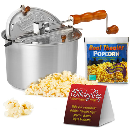 Wabash Popcorn Popper with Kernels - Silver, Metal Gear Popcorn Maker, Fast, & Easy-to-Use Popcorn Machine for Popcorn Lovers, 6-Quarts