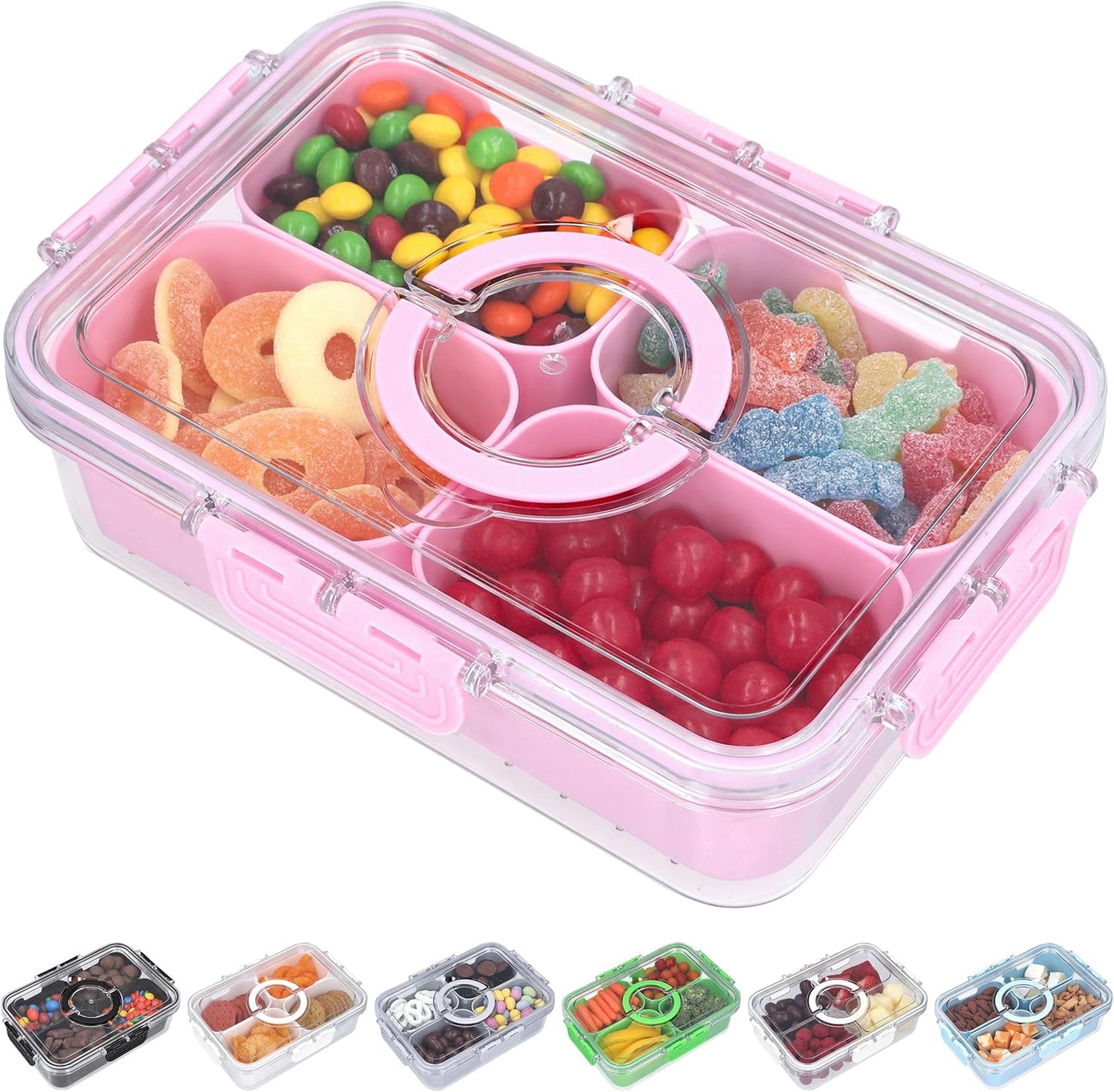 Snackle Box Container with Lid- Travel Charcuterie Box with Handle - Organizer for Candy, Fruit, Nuts, Veggies, Snacks, Beach Essentials, Portable Lunch Box (Pink, Small)