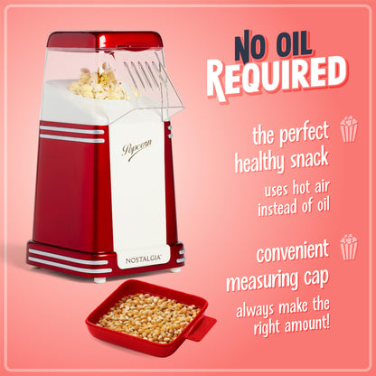 Nostalgia Hot-Air Electric Popcorn Maker, 8 Cups, Healthy Oil Free Popcorn with Measuring Scoop, Retro Red