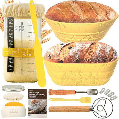 Sourdough Bread Baking Supplies 34 OZ Sourdough starter kit with 2 Bread Proofing Basket - Yellow