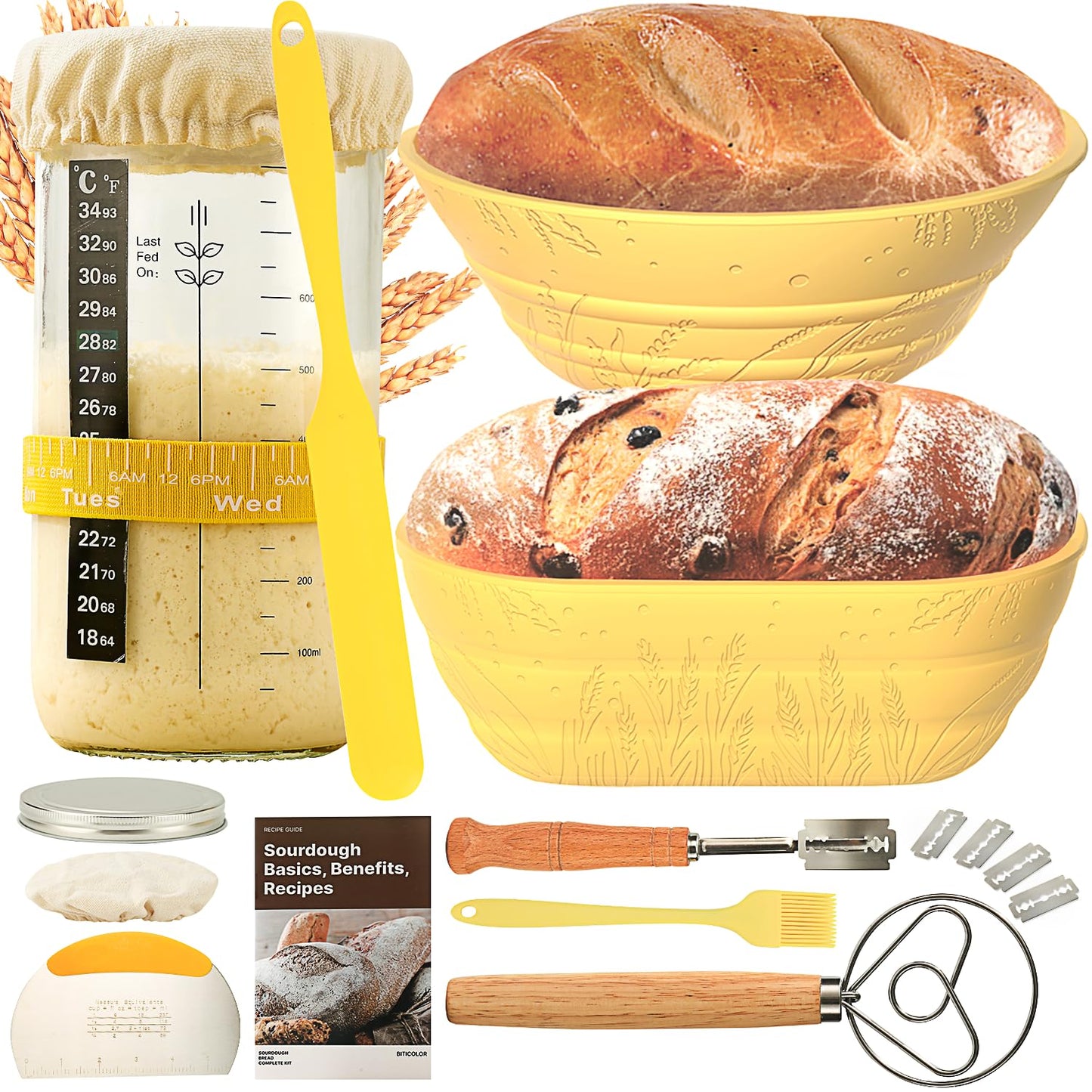 Sourdough Bread Baking Supplies 34 OZ Sourdough starter kit with 2 Bread Proofing Basket - Yellow
