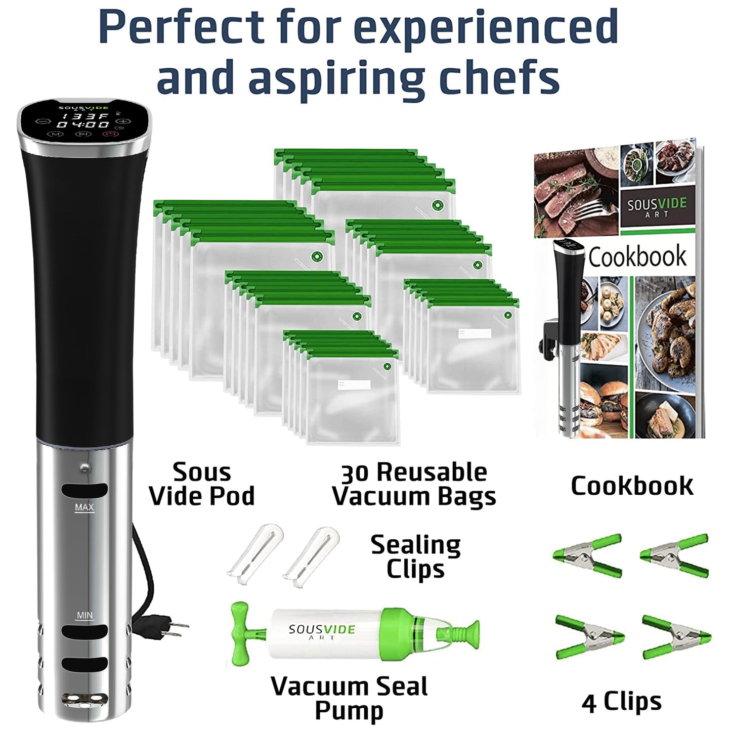 SOUSVIDE ART Sous Vide Immersion Cooker Kit - Machine with Digital Timer, Temp Control, 30 Bags, Vacuum Pump, Suvee Cooker Gift for Chefs